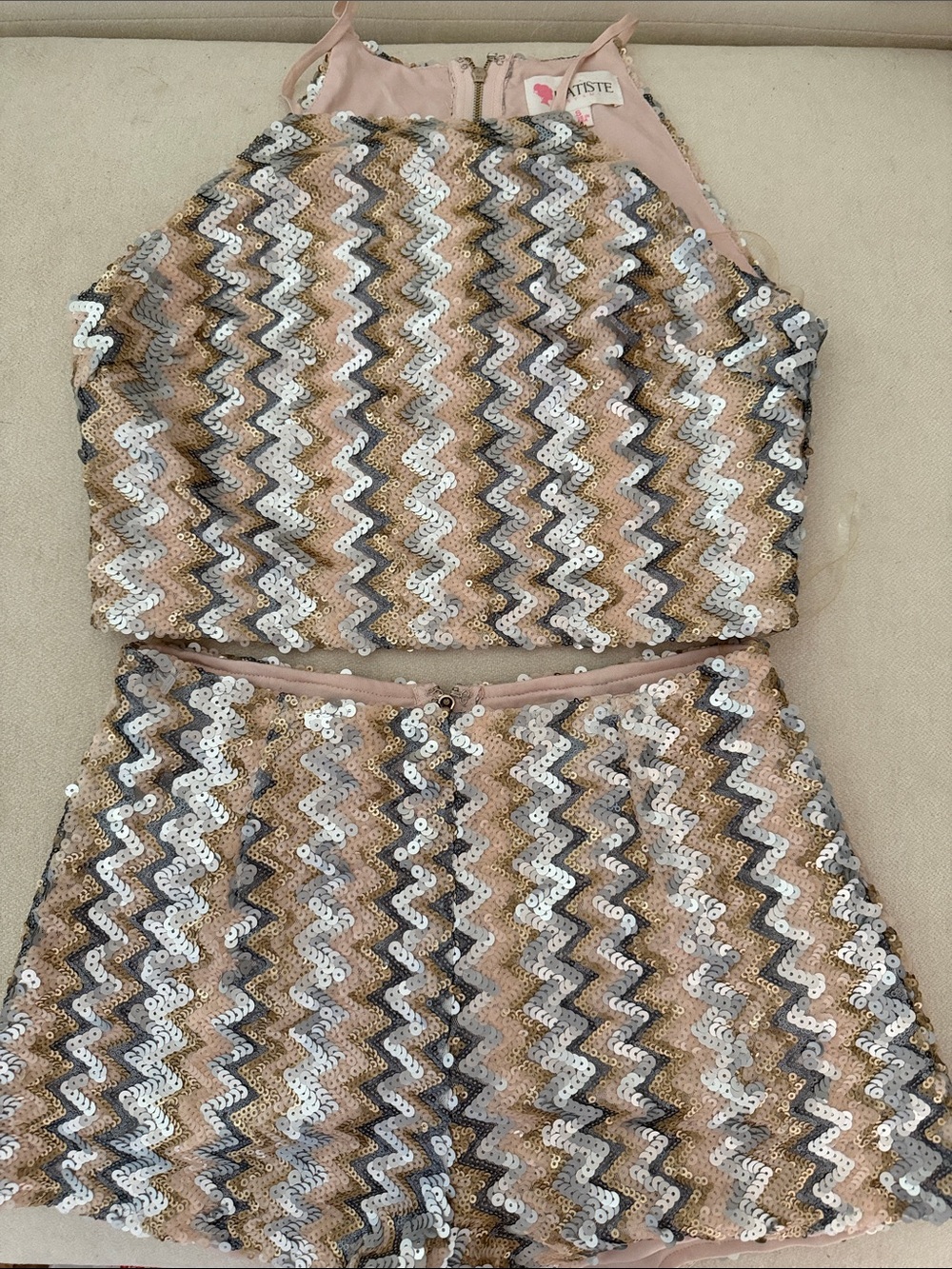 L'ATISTE Sequin Zigzag Crop Top & Shorts in Blush, Gold, Silver